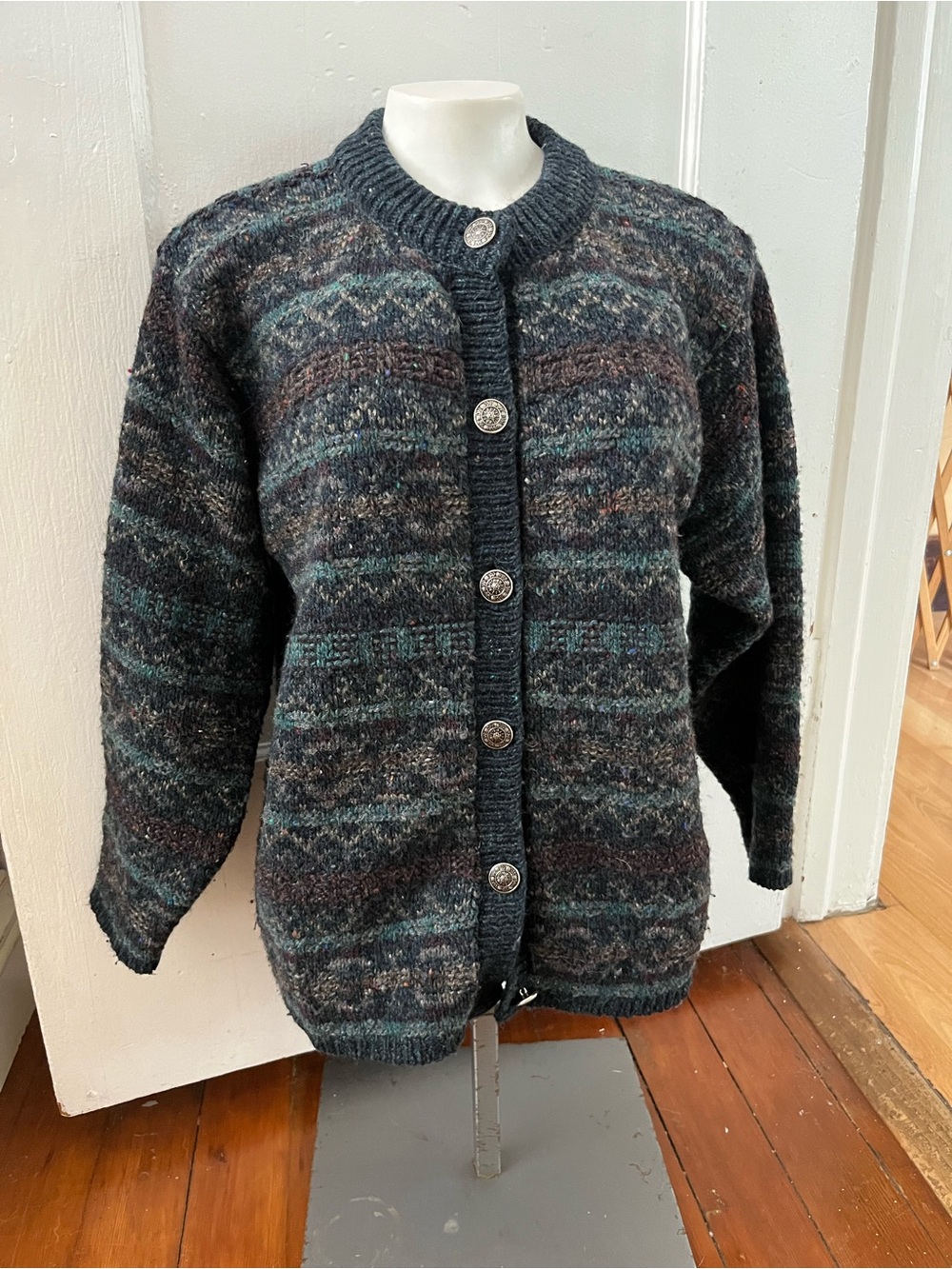 Alps Fine Womens Vintage Fair Isle Donegal Knit Cardigan Sweater Jacket S
